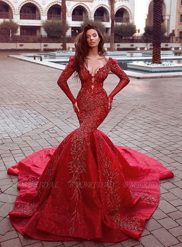 Bmbridal Long Sleeves Burgundy Mermaid Evening Prom Dress With Appliques