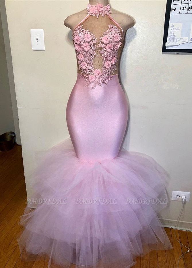 Bmbridal Halter Pink Mermaid Prom Dress With Flowers Tulle Skirt