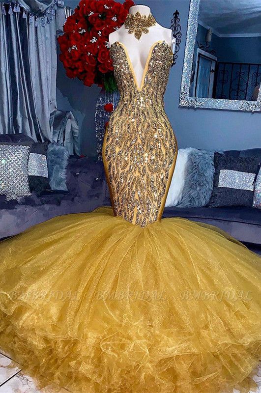 Bmbridal High Neck Mermaid Prom Dress Appliques Beads Tulle Skirt