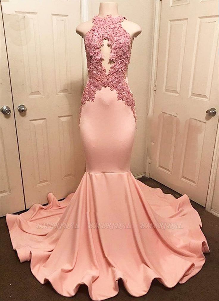 Bmbridal High Neck Halter Pink Prom Dress Mermaid Sleeveless With Appliques