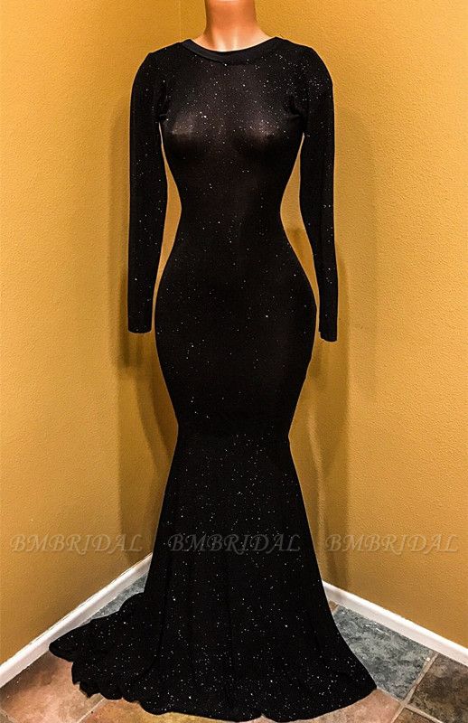 Bmbridal Long Sleeves Schwarzes Abendkleid Meerjungfrau lang mit Pailletten