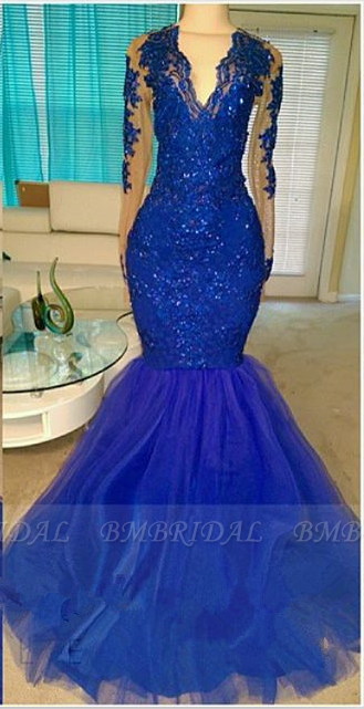 Bmbridal Royal Blue Long Sleeves Mermaid Porm Dress With Lace Appliques