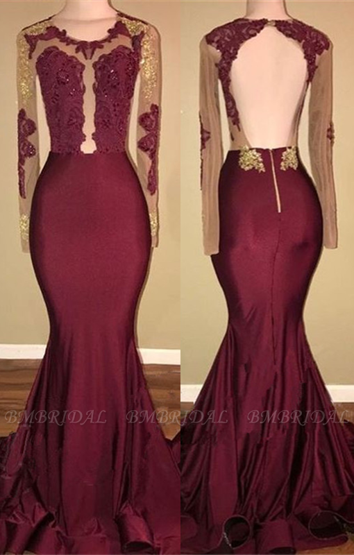Bmbridal Burgundy Long Sleeves Mermaid Prom Dress With Lace Appliques