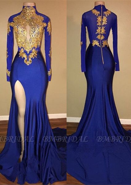 Bmbridal Royal Blue Long Sleeves Prom Dress Split With Gold Appliques
