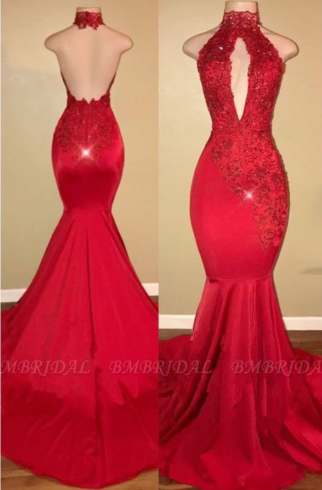 Bmbridal High Neck Red Mermaid Prom Dress Backless With Appliques