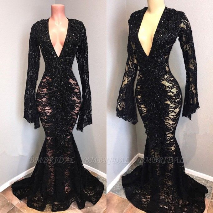 Bmbridal Long Sleeves Black Prom Dress Mermaid Lace Evening Party Gowns ...