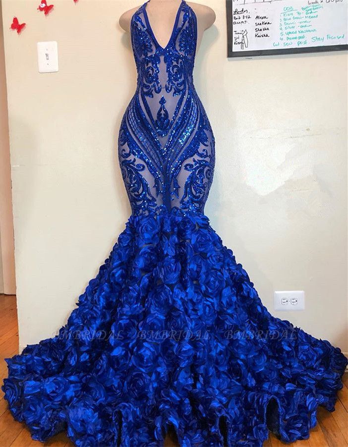 Bmbridal Royal Blue V-Neck Sleeveless Prom Dress Mermaid Bottom Flowers