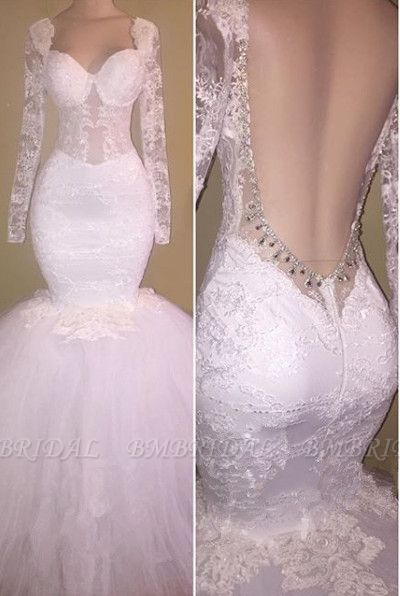 Bmbridal Long Sleeves Open Back Prom Dress Mermaid With Lace Appliques