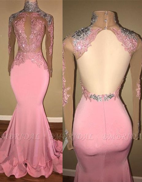 Bmbridal Pink Long Sleeves Prom Dress Mermaid With Lace Appliques