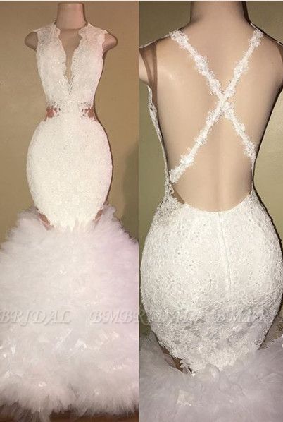 Bmbridal Sleeveless Mermaid White Prom Dress Lace With Ruffle