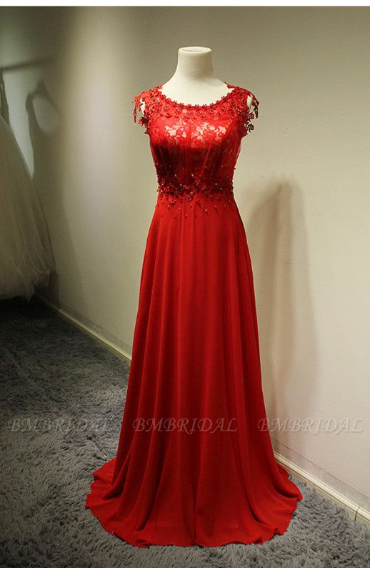 BMbridal Red Lace Appliques Long Prom Dress Chiffon Evening Gowns Online