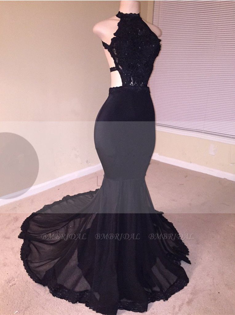 Bmbridal Black Mermaid Prom Dress Lace Appliques With High Neck