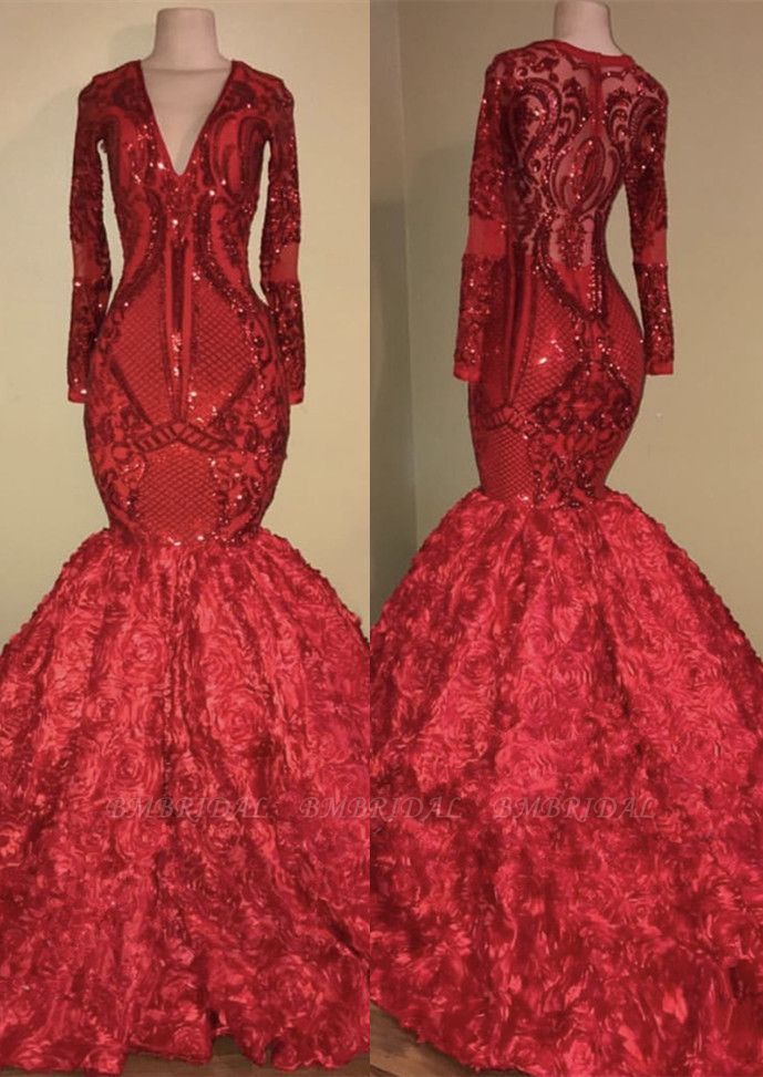 Bmbridal Red Long Sleeves Prom Dress Mermaid Pailletten mit Blumen unten