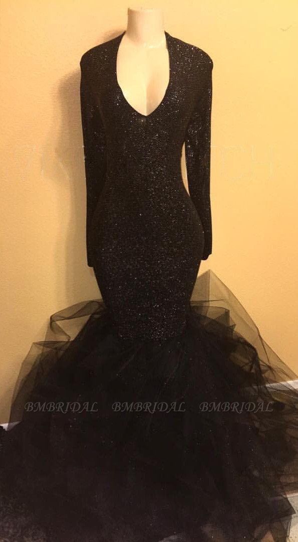 Bmbridal Black Sequins Long Sleeves Prom Dress V-Neck With Ruffle