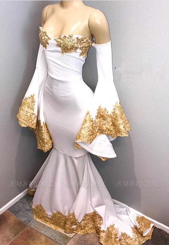 Bmbridal Long Sleeves Mermaid Prom Dress Ruffles Sleeves With Gold Appliques