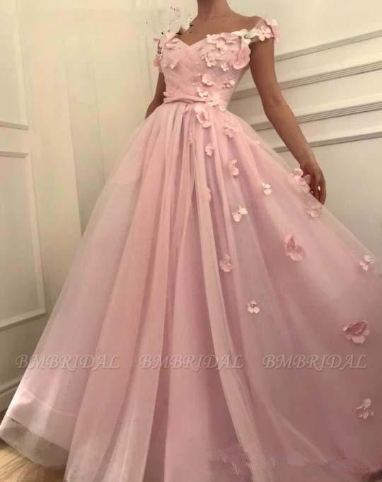 Bmbridal Pink Off-the-Shoulder Prom Dress Long With Flowers