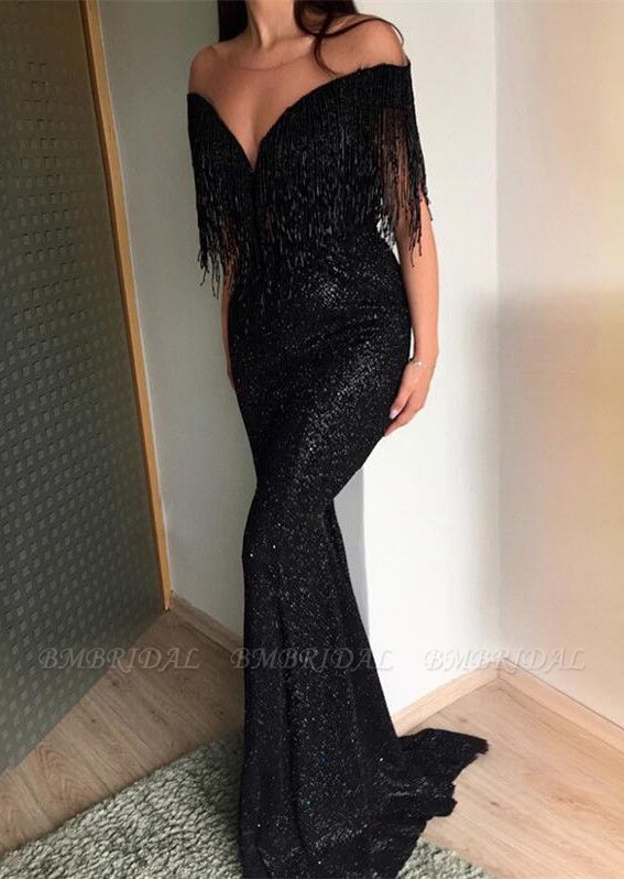 Bmbridal schwarze Pailletten Abendkleid Meerjungfrau mit Quasten