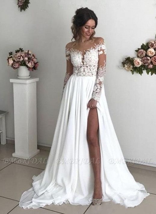 Bmbridal Long Sleeves Lace Beach Wedding Dress With Split Chiffon Bridal Gowns