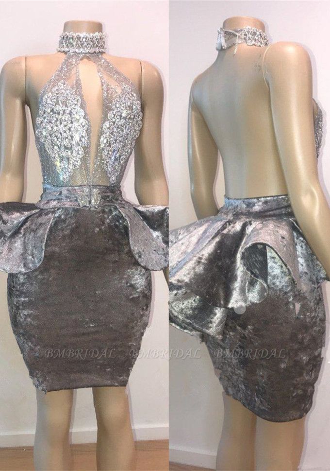 Bmbridal Silver Grey Short Prom Dress Sleeveless With Beads