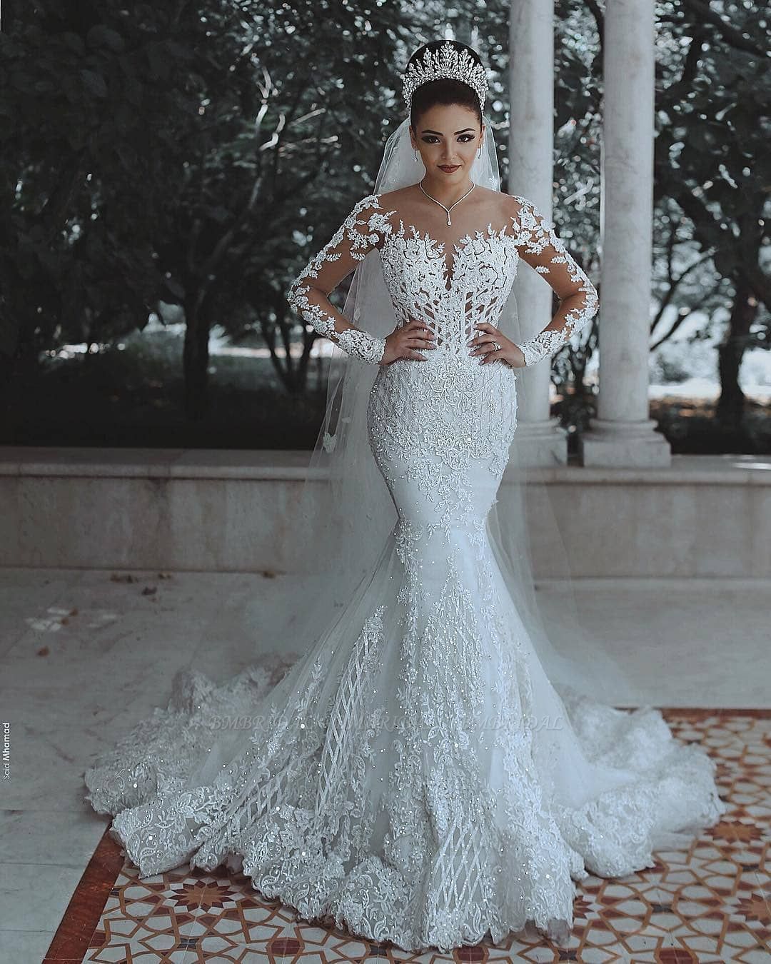 Bmbridal Long Sleeves Mermaid Wedding Dress With Lace Appliques