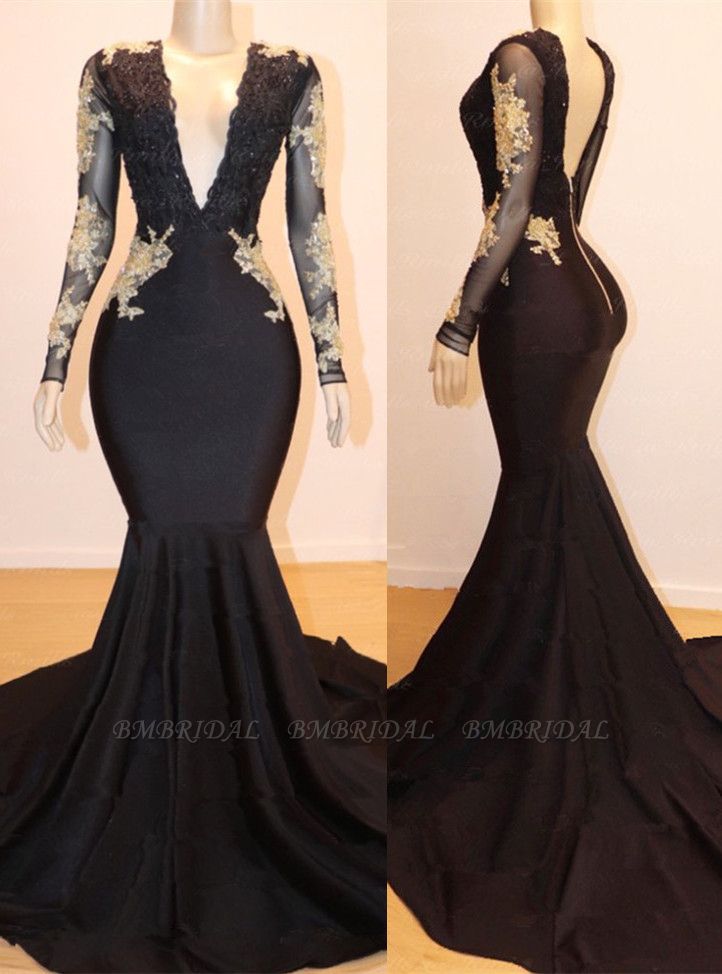 Bmbridal Long Sleeves Black Mermaid Prom Dress V-Neck With Appliques