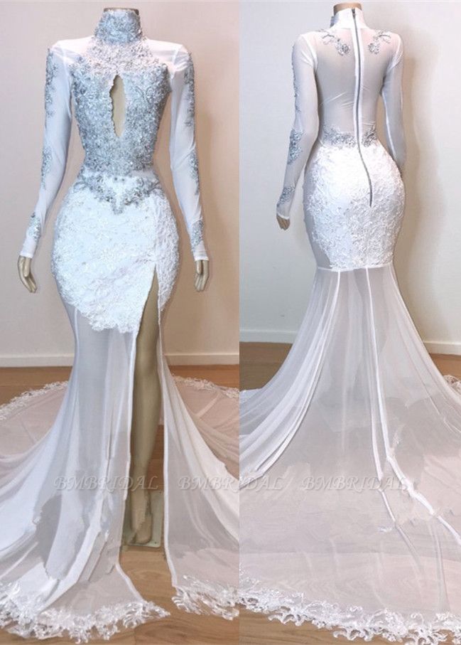 Bmbridal White Long Sleeves Slit Prom Dress Mermaid With Lace Appliques