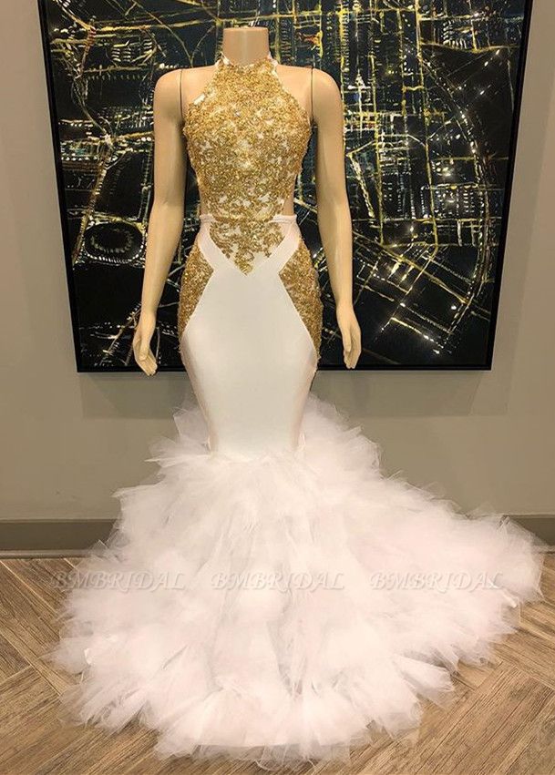 Bmbridal High Neck Sleeveless Prom Dress Mermaid Ruffle With Gold Appliques