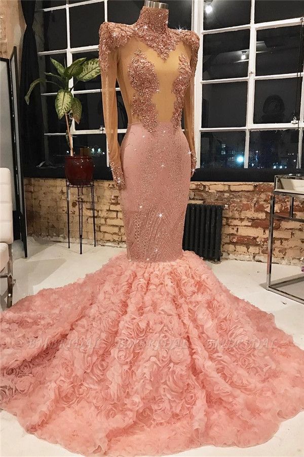 Bmbridal Long Sleeves Pink Prom Dress Mermaid Appliques With Flowers Bottom
