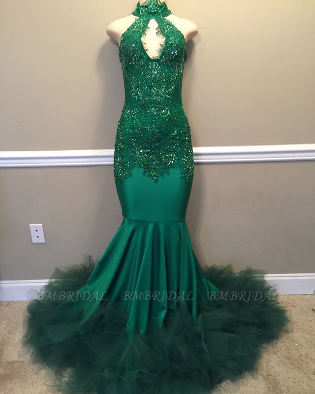 Bmbridal Dark Green Mermaid Prom Dress Sleeveless Appliques