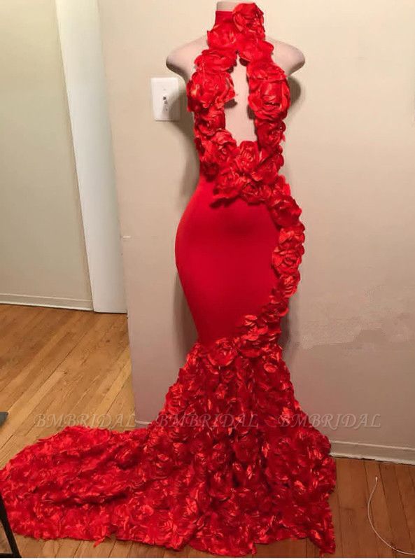 Bmbridal Red Halter Mermaid Prom Dress Sleeveless With Flowers