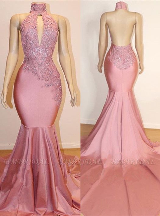 Bmbridal Pink Backless Mermaid Prom Dress With Appliques