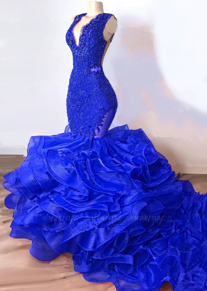 Bmbridal Royal Blue V-Neck Prom Dress Mermaid With Ruffles Appliques