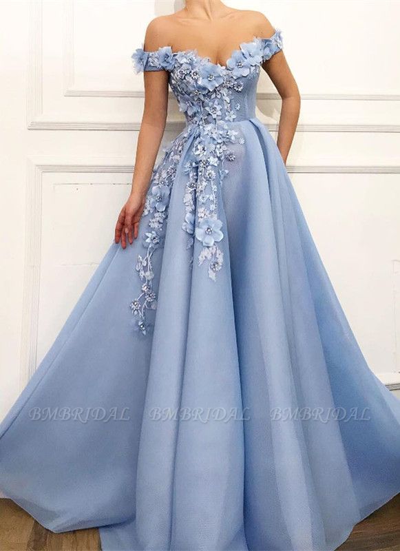 Bmbridal Off-the-Shoulder Blue Prom Dress Long With Flowers