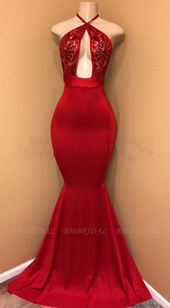 Bmbridal Halter Red Prom Dress Mermaid With Sequins