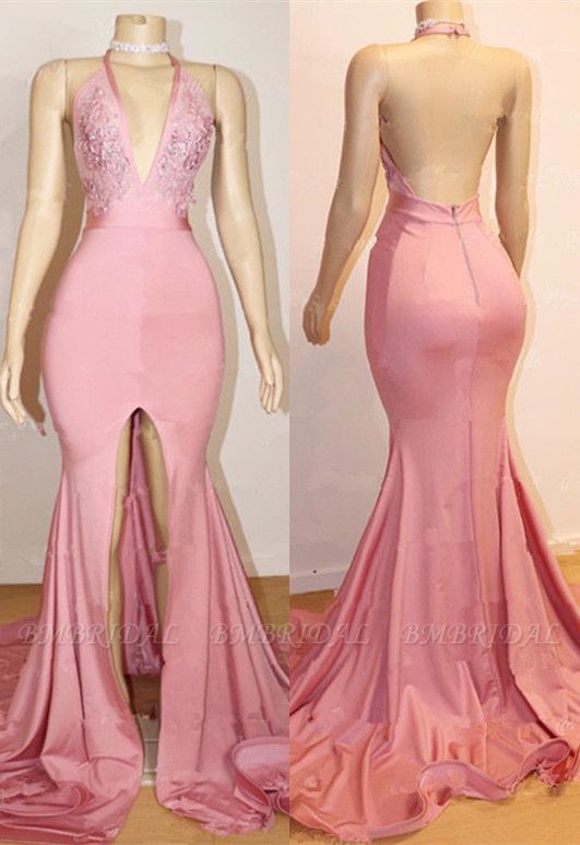 Bmbridal Backless Pink Prom Dress Mermaid Slit With Appliques