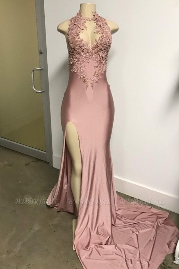 Bmbridal Dusty Pink Slit Prom Dress Long With Appliques