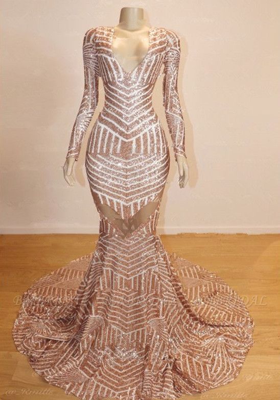Bmbridal Long Sleeves Sequins Prom Dress Mermaid V-Neck