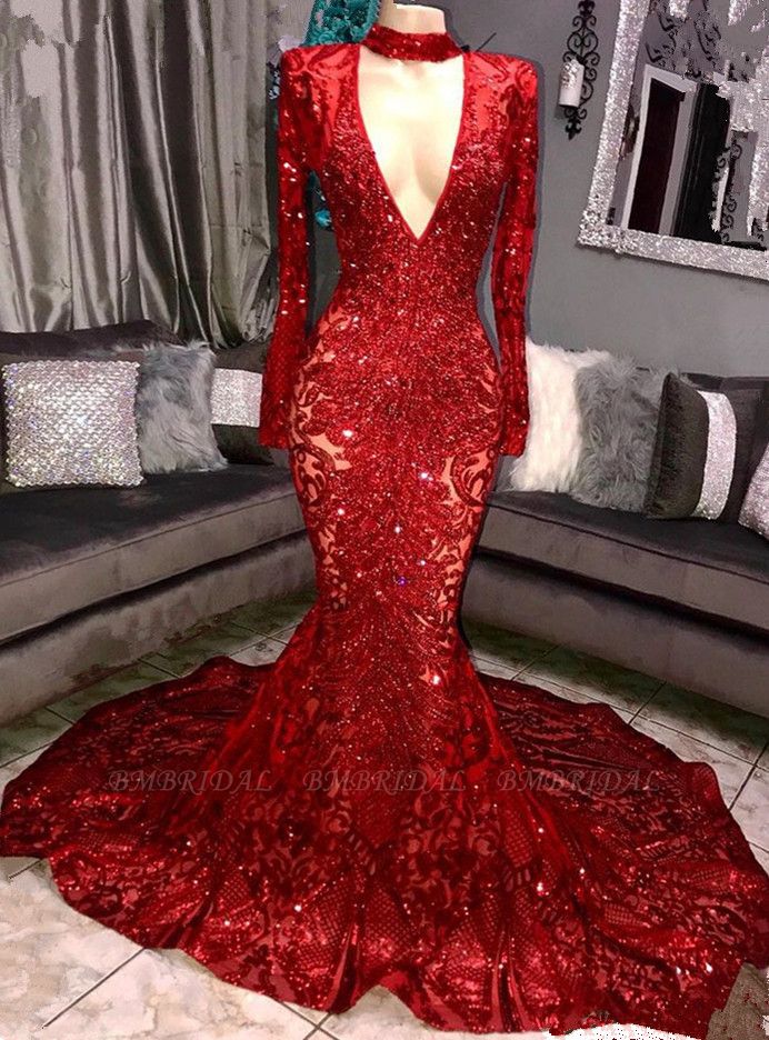 Bmbridal Red Long Sleeves Mermaid Prom Dress Sequins V-Neck