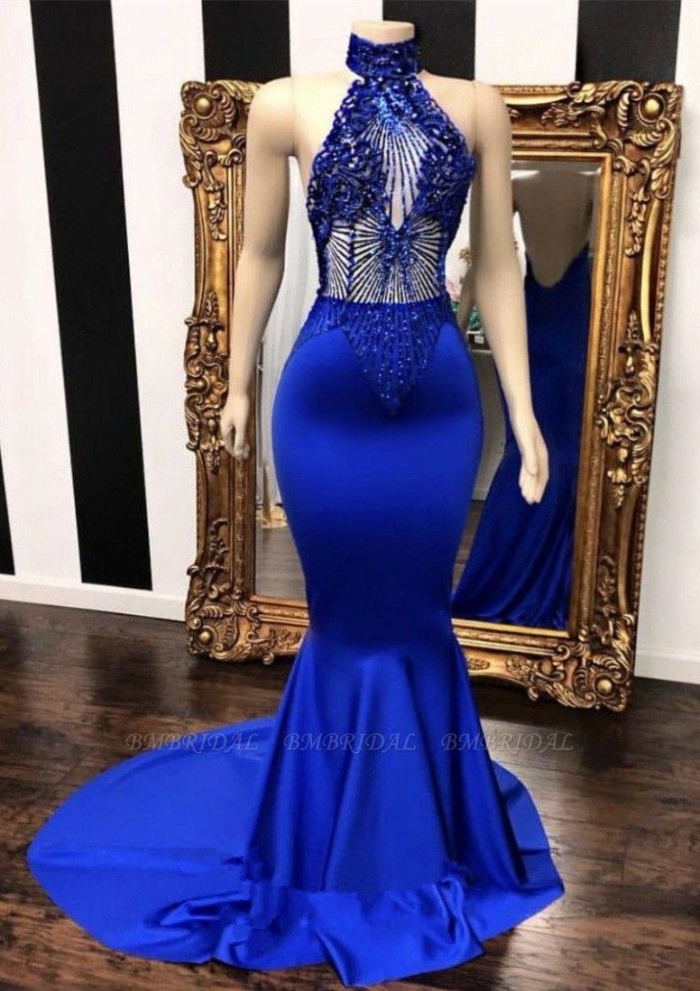 Bmbridal Royal Blue Mermaid Prom Dress Sleeveless With Beads