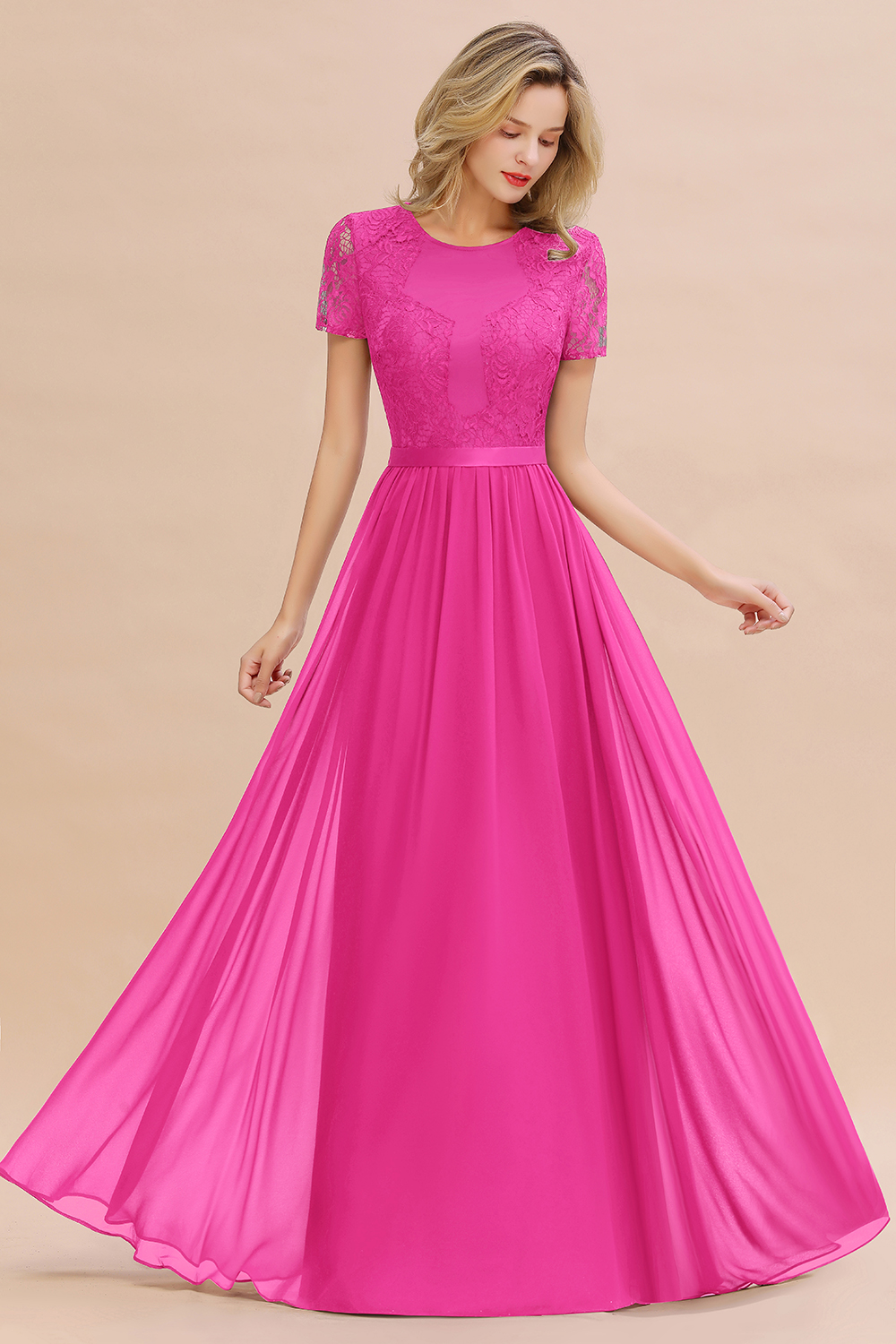 BMbridal Elegant Chiffon Lace Jewel Short-Sleeves Affordable Bridesmaid Dress