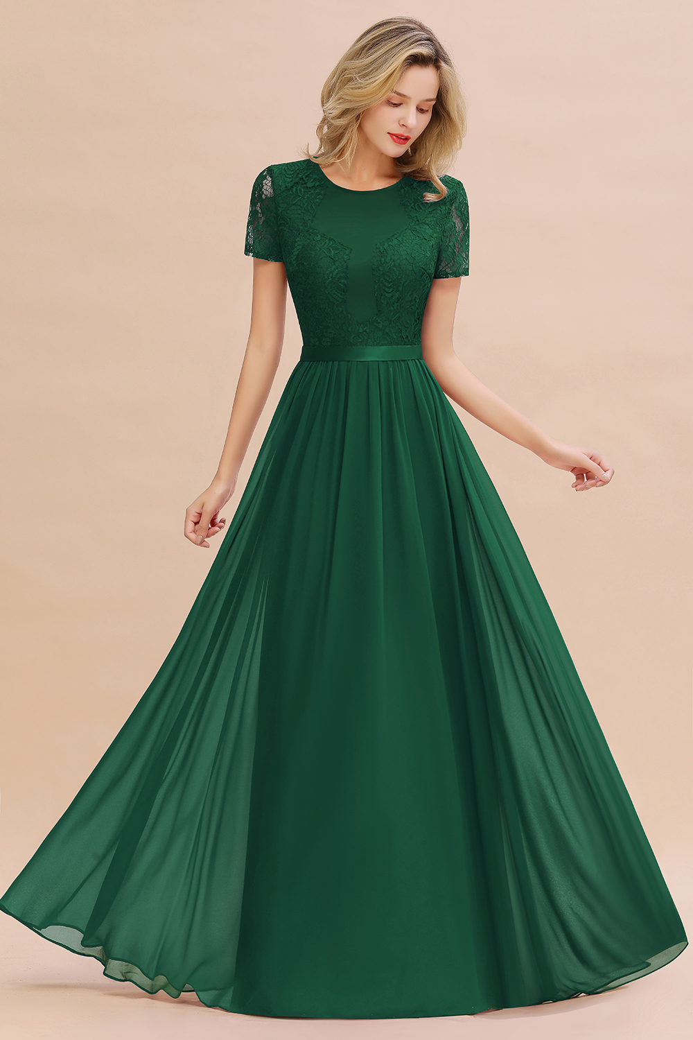 BMbridal Elegant Chiffon Lace Jewel Short-Sleeves Affordable Bridesmaid Dress