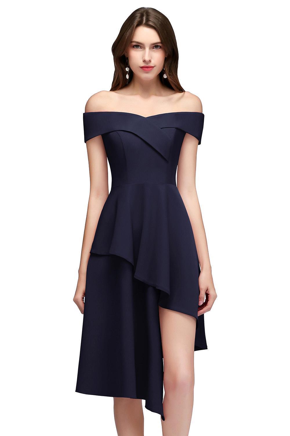 A-line Asymmetrical Short Off-the-shoulder Burgundy Prom Dresses