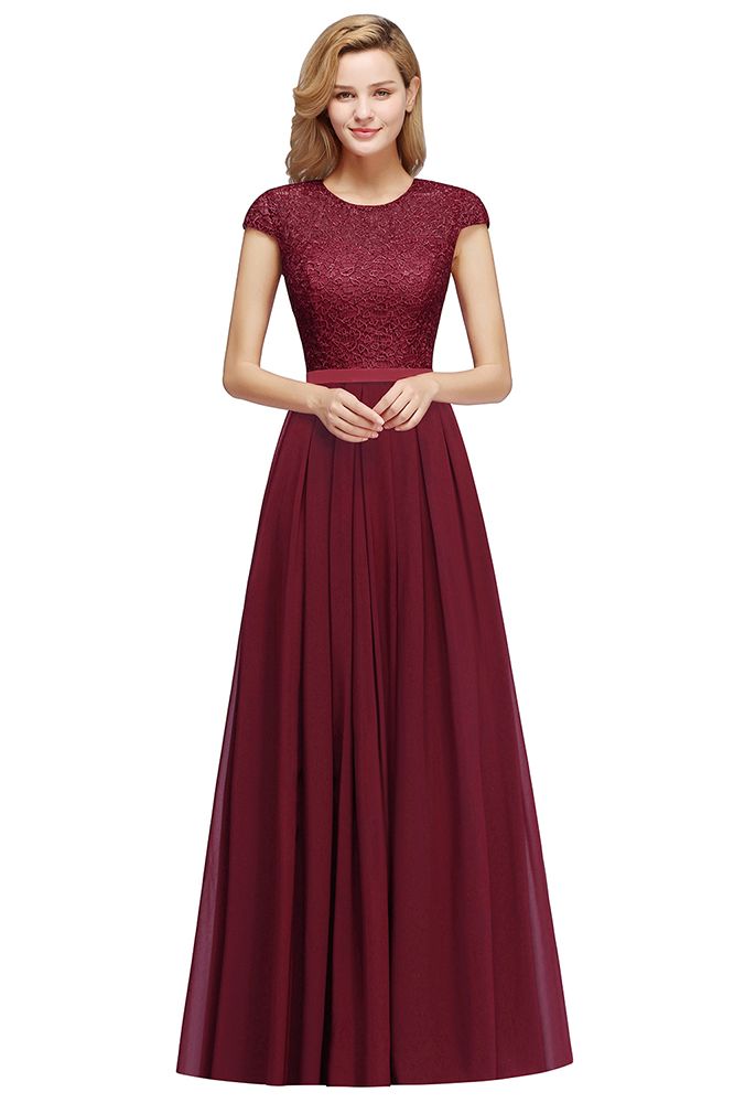 BMbridal A-line Jewel Short Sleeves Chiffon Lace Bridesmaid Dress