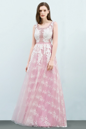 BMbridal Elegantes rosa ärmelloses Ballkleid Tüll lange Abendkleider mit Spitzenapplikationen_2