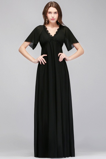 BMbridal A-line V-neck Short Sleeves Long Black Chiffon Bridesmaid Dress_1