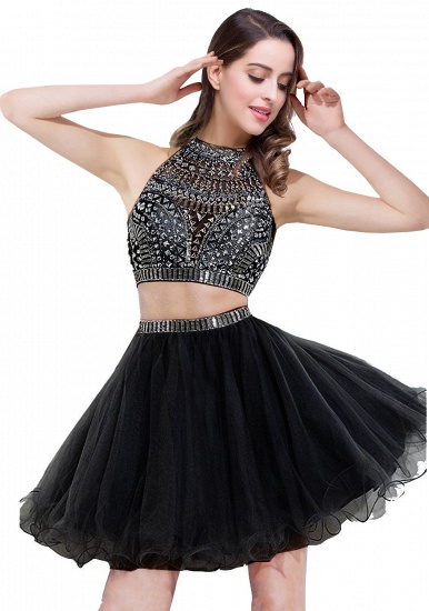 BMbridal Sexy Crystal Beads Tulle Sleeveless Two-piece Short Prom Dress_3