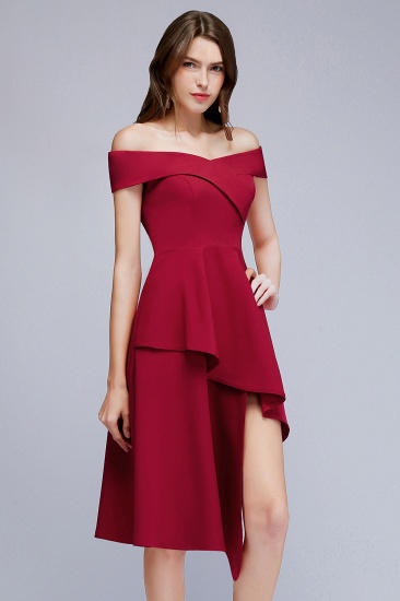 BMbridal A-line Asymmetrical Short Off-the-shoulder Burgundy Prom Dress_8