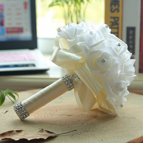 BMbridal White Silk Wedding Bouquet with Colorful Handles_2