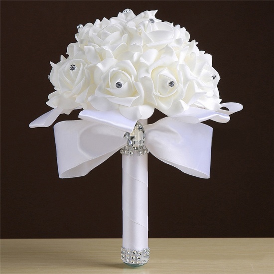 BMbridal White Silk Rose Crystal Beading Bouquet in Colorful Handles_1