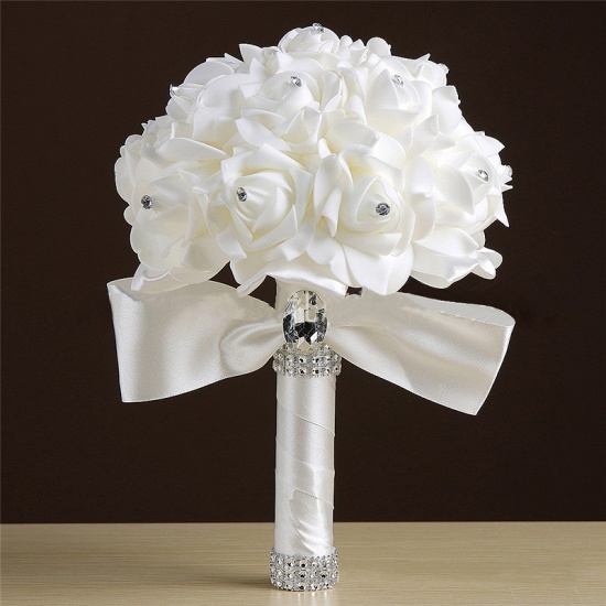 BMbridal White Silk Rose Crystal Beading Bouquet in Colorful Handles_2